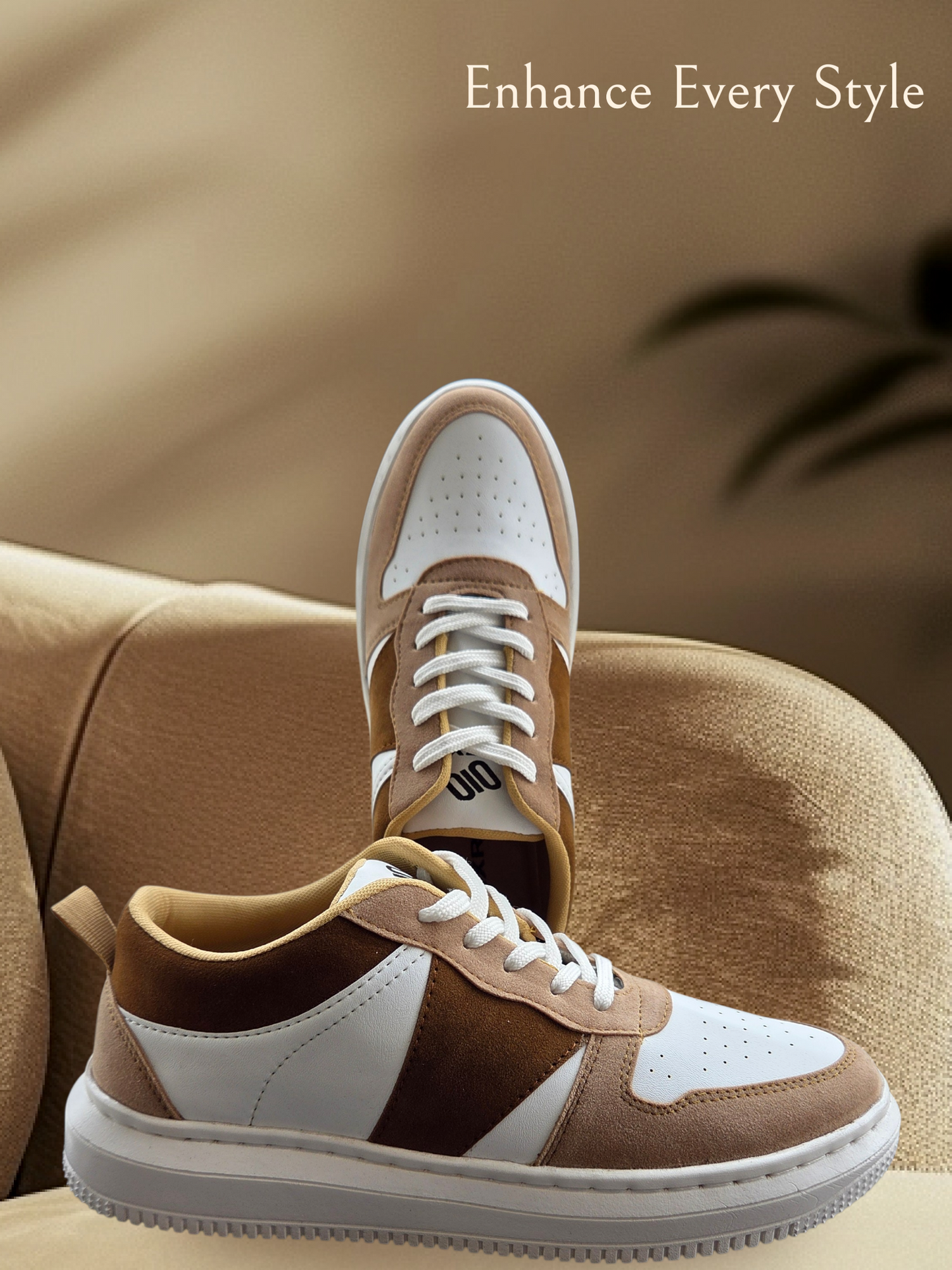 The Deer: White Sneaker with Brown Strips