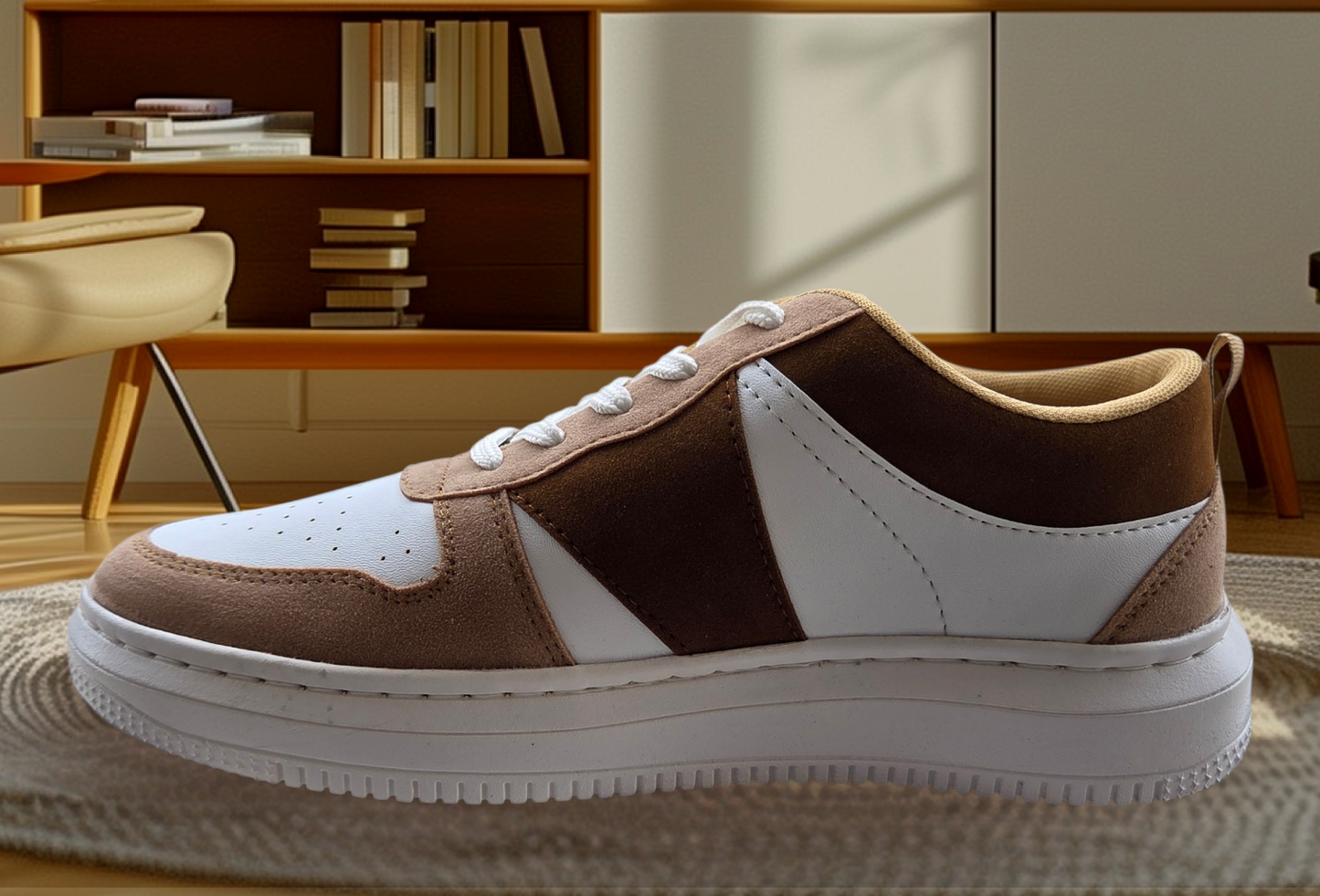 The Deer: White Sneaker with Brown Strips